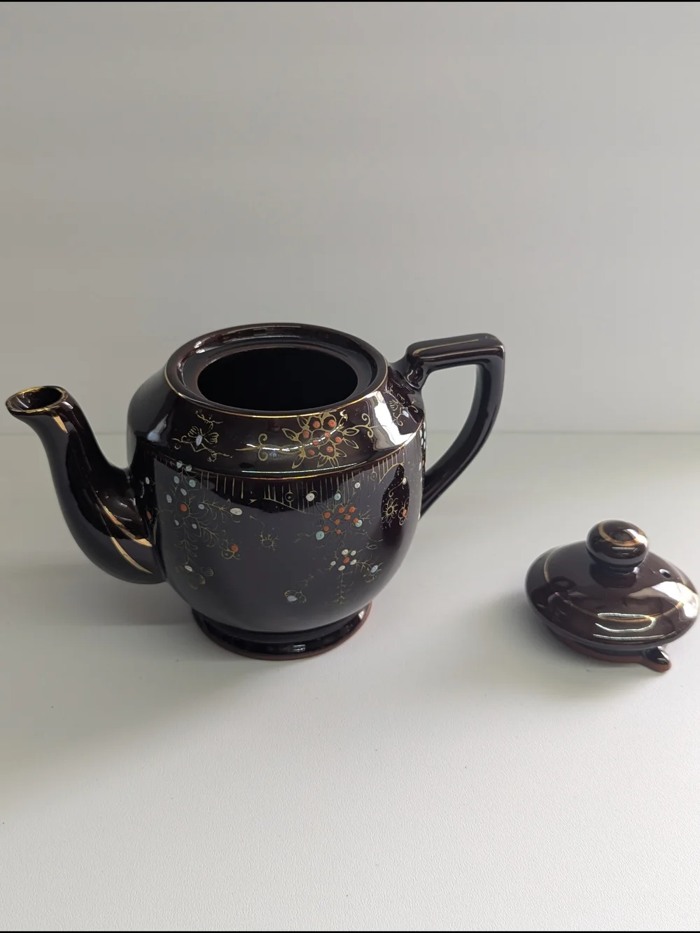 Vintage Hand Painted Brown Ceramic Teapot Floral Gold Cottagecore Tea Pot